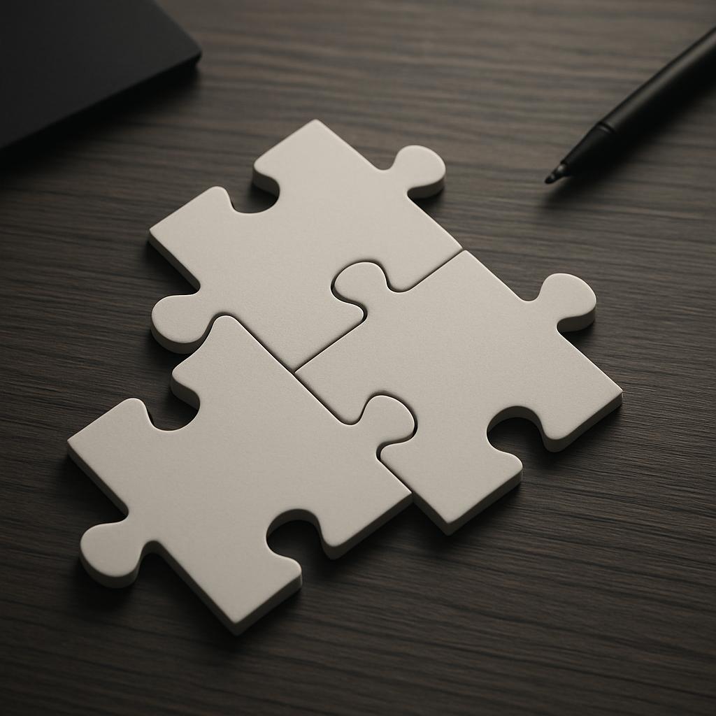 A shot of a dark wooden table with a four-piece puzzle laid out in a diagonal grid and a black pen in the upper right corner.